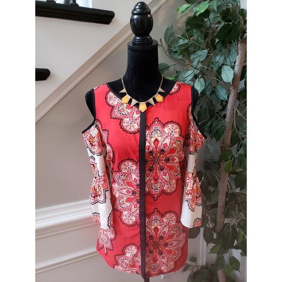 Chico's Tunic Top Women XL Red Geo Print Stretch Cold Shoulder Sleeve Round Neck - Picture 2 of 13